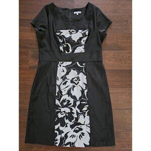Dressbarn Dress Womens 14 Black White Floral Short Sleeve Sheath Stretch Career